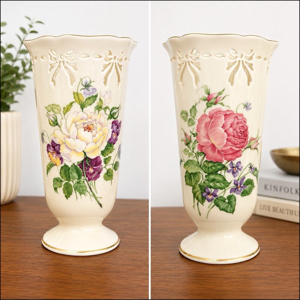 Lenox Vase Victorian Roses 24k Gold Trim Romantic Grandmillenial 8” Whimsy Peony